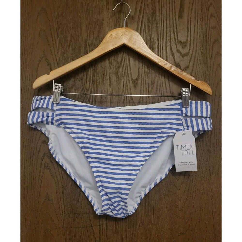 Time and Tru Women's Blue/White Textured Stripe Mid-Rise Bikini Bottom Size XL
